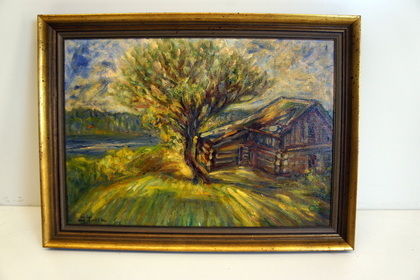 Tavla, "Gammal lada i Boråstrakten", signerad Ida Törnström